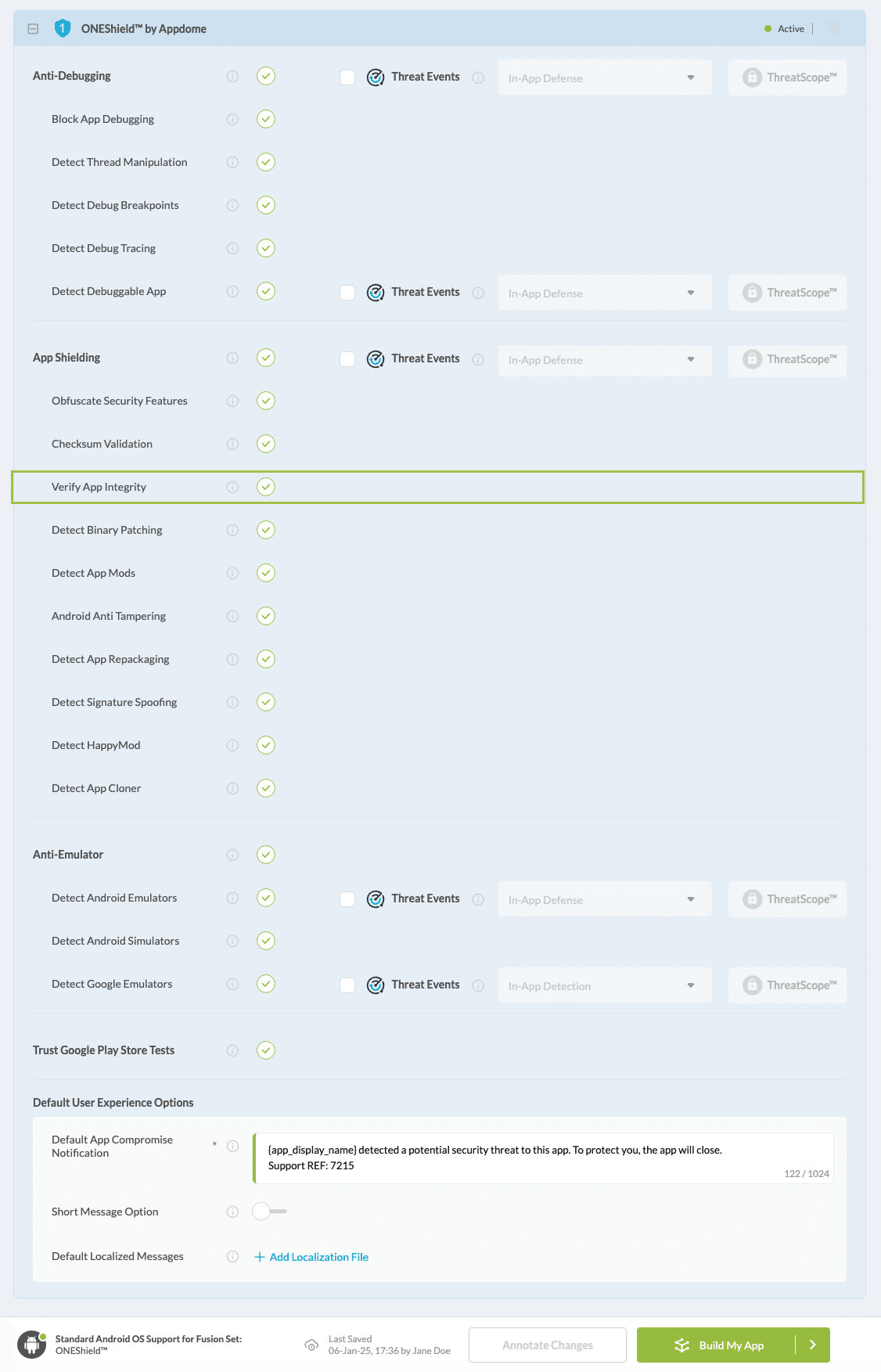 Verify App Integrity option