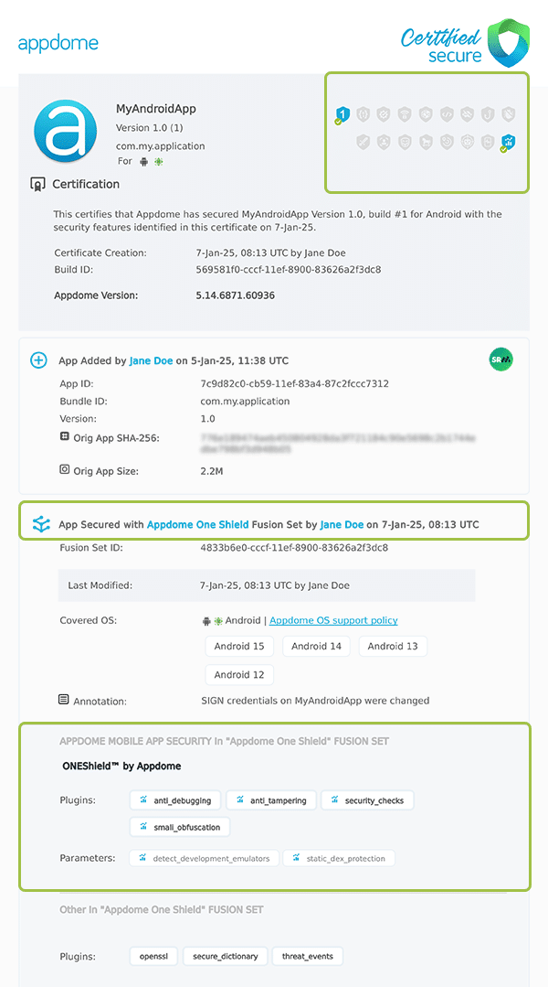 Verify App Integrity shown in Certificate secure