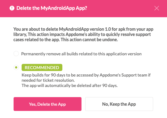 Deleting An App From The Appdome Platform