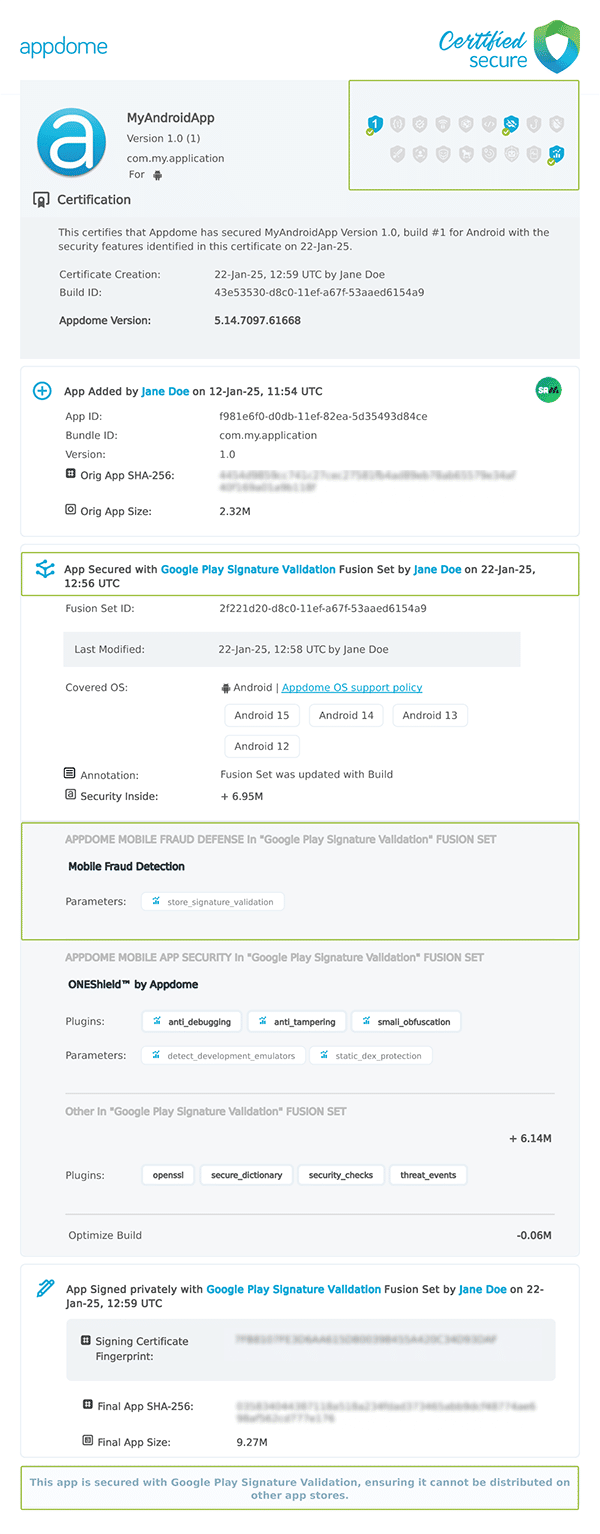 Google Play Signature Validation shown in Certificate secure