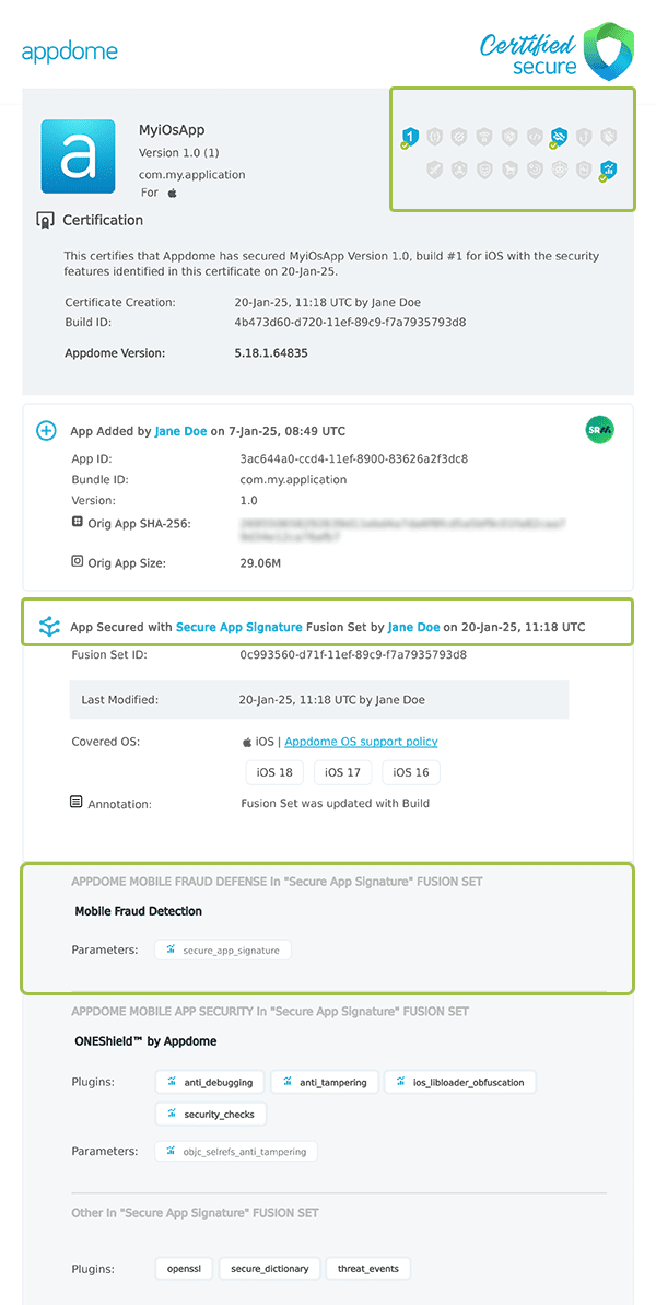 Secure App Signature shown in Certificate secure