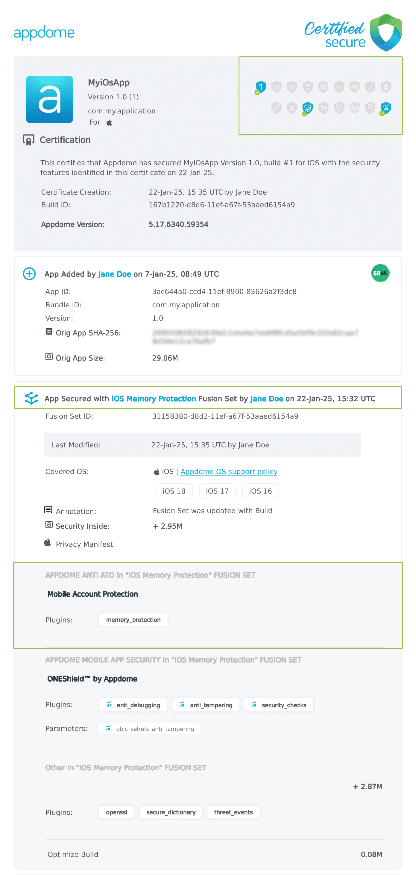 iOS Memory Protection shown in Certificate secure