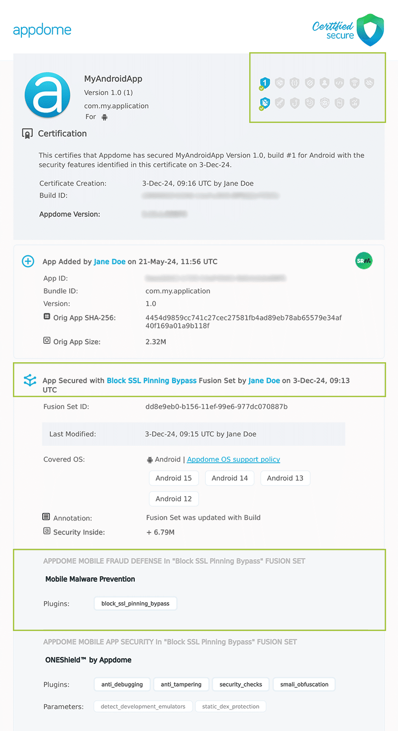 Block SSL Pinning Bypass shown in Certificate secure