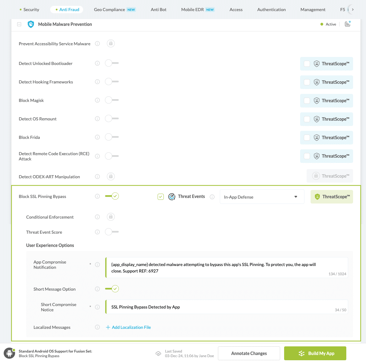 Block SSL Pinning Bypass option