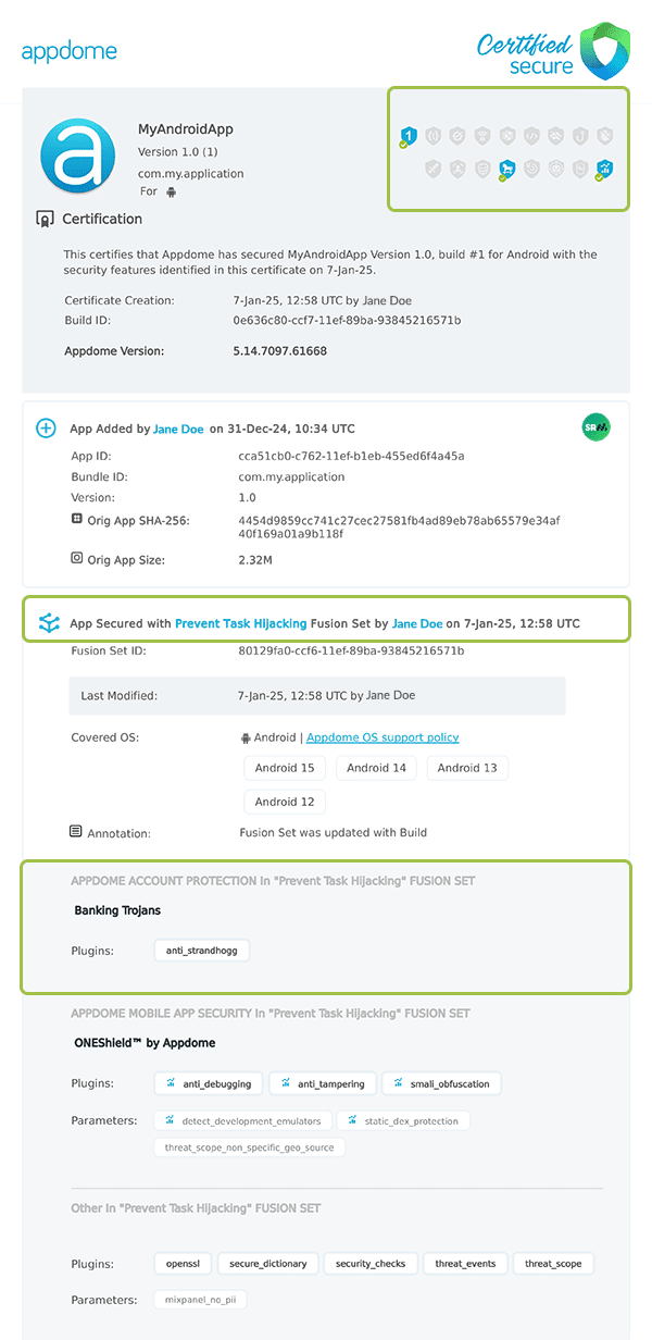 Prevent Task Hijacking shown in Certificate secure