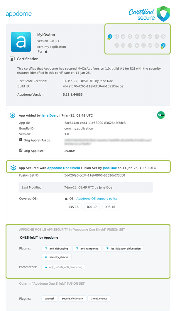 Obj-C SelRef Protection shown in Certificate secure