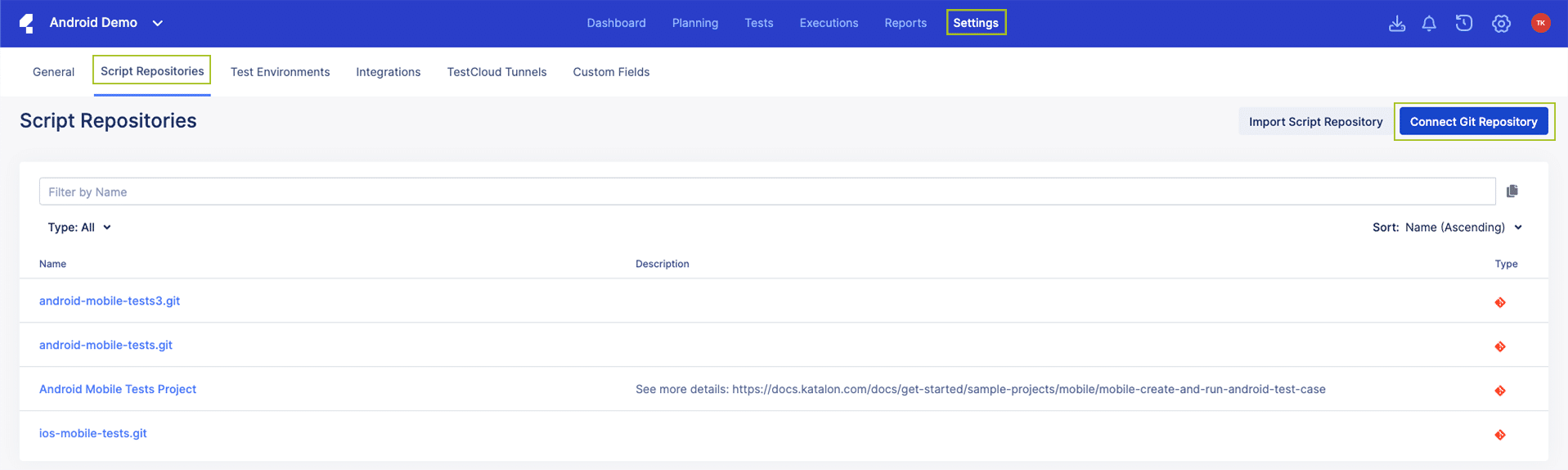 Settings -> Script Repository >Connect Git Repository