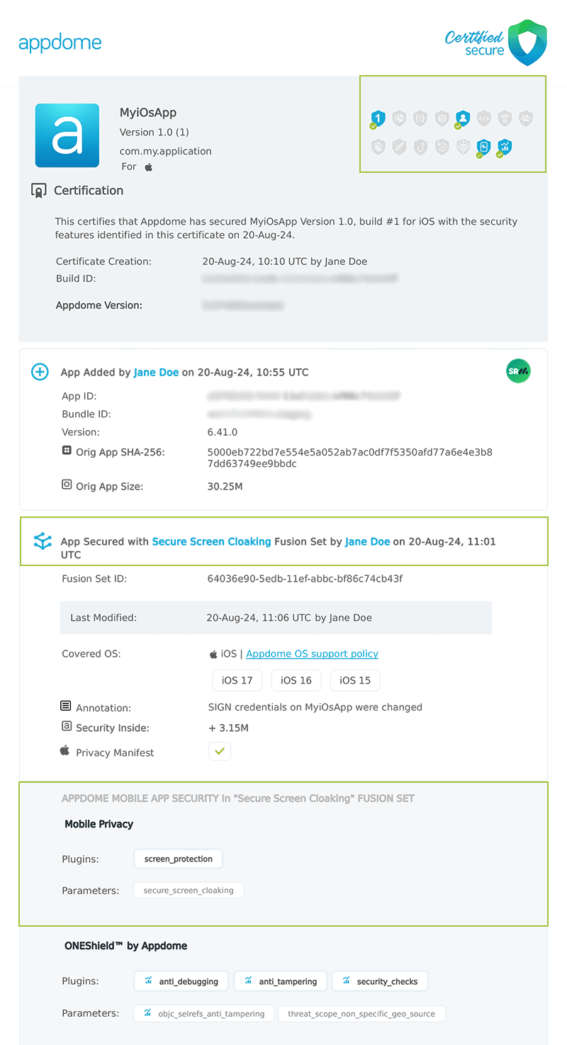 Secure Screen Cloaking shown in Certificate secure